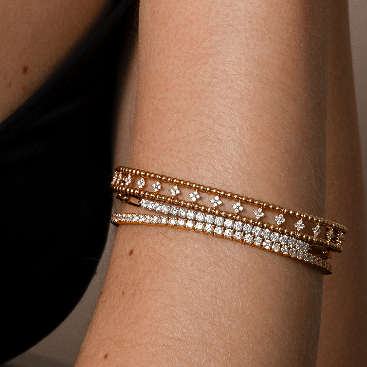Two Row Beaded Flexible Bangle with Lab Grown Diamond Petite Flower Clusters - AVIR New York