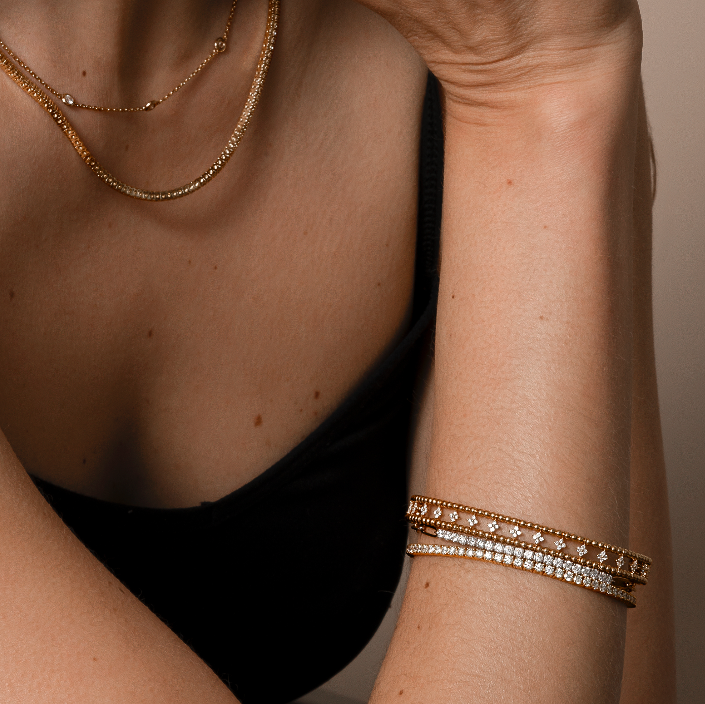 Two Row Beaded Flexible Bangle with Natural Diamond Petite Flower Clusters - AVIR New York