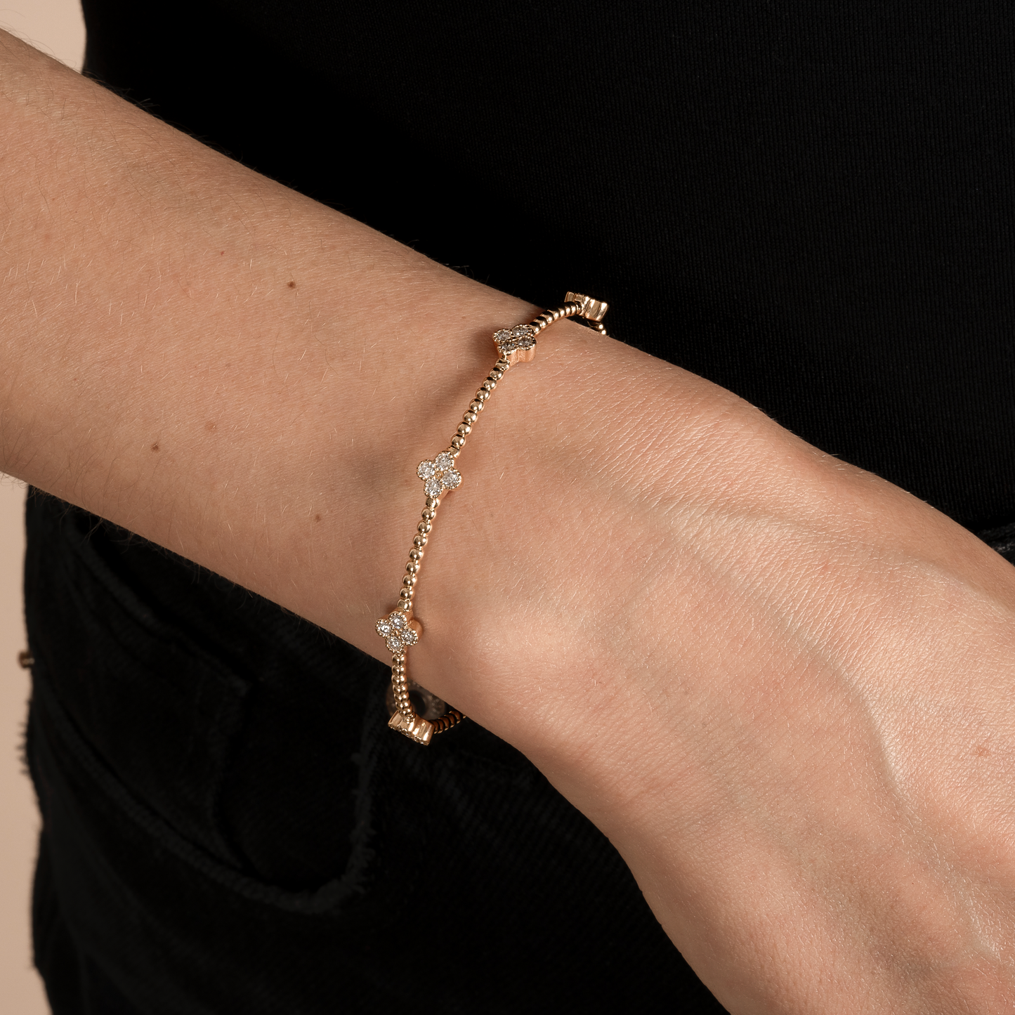 Flexible Beaded Lab Grown Diamond Flower Bangle and Flower Cluster Ring Set - AVIR New York