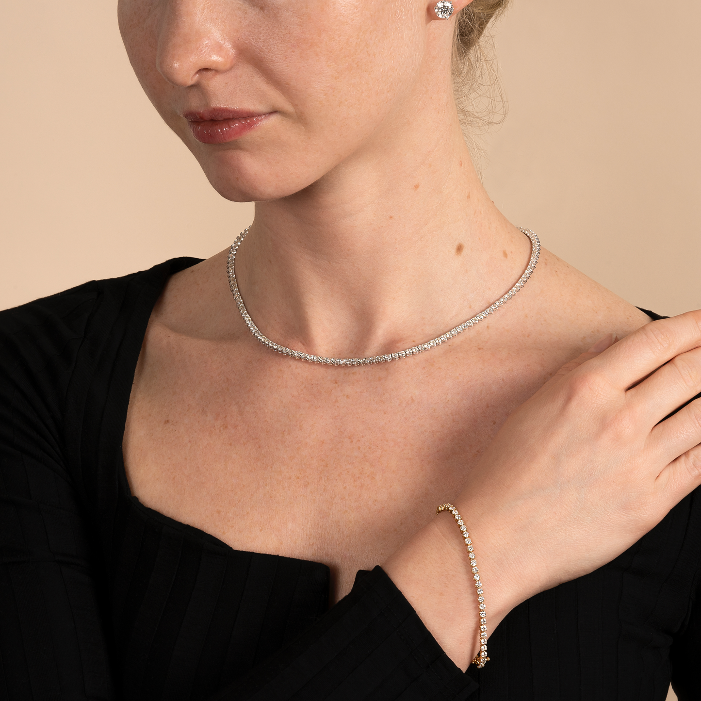 3 Prong 16 inch Lab Grown Diamond Tennis Necklace and Stud Earrings Set - AVIR New York