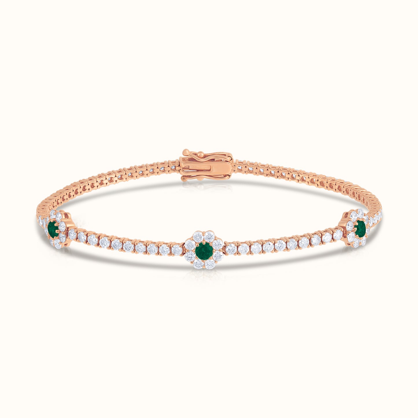 Natural Diamond Tennis Bracelet with Emerald Centered Flower Clusters - AVIR New York