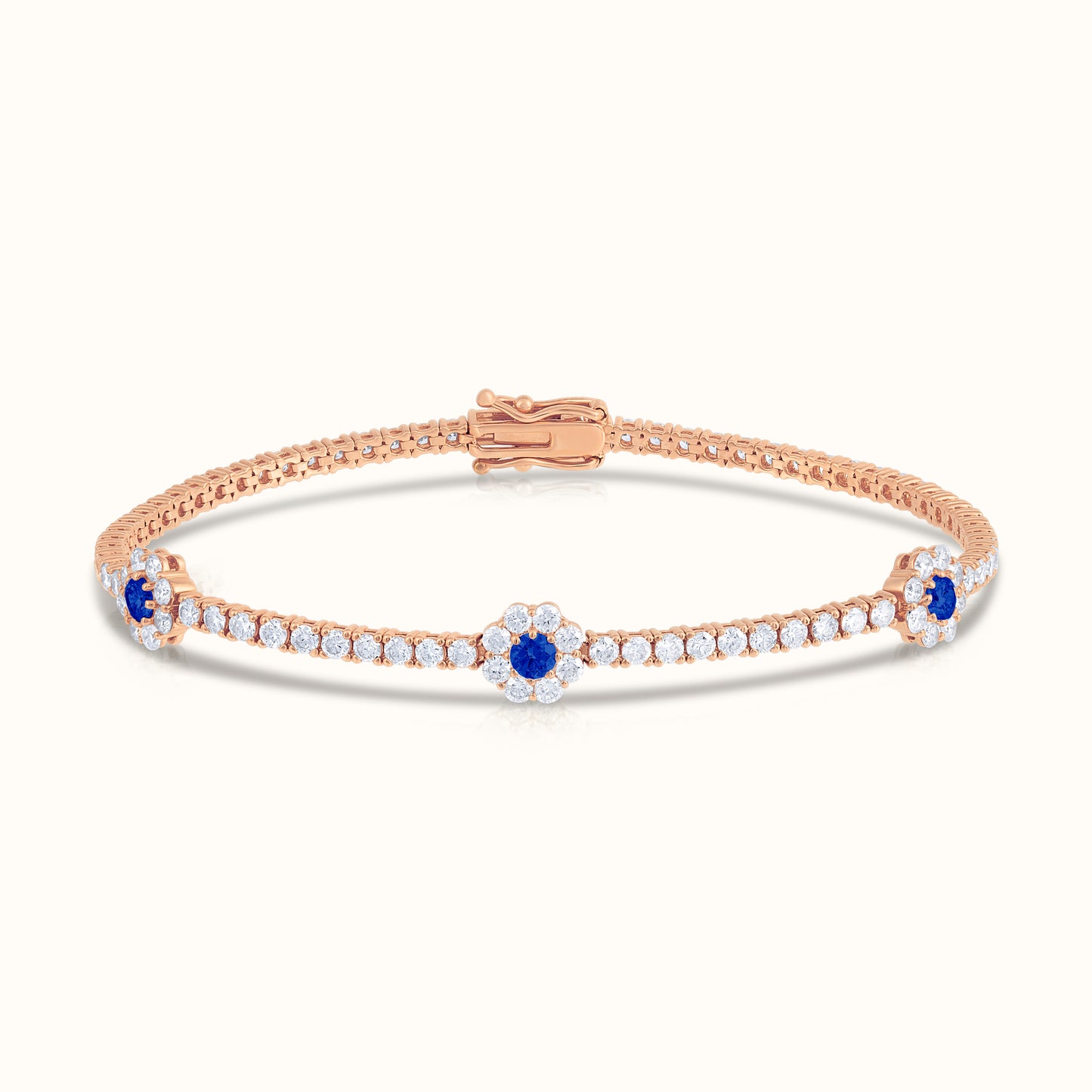Natural Diamond Tennis Bracelet with Sapphire Centered Flower Clusters - AVIR New York