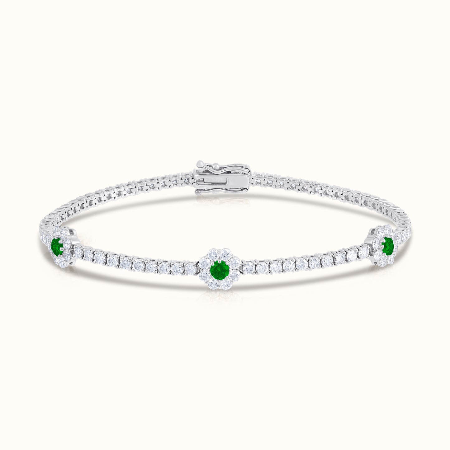 Natural Diamond Tennis Bracelet with Emerald Centered Flower Clusters - AVIR New York