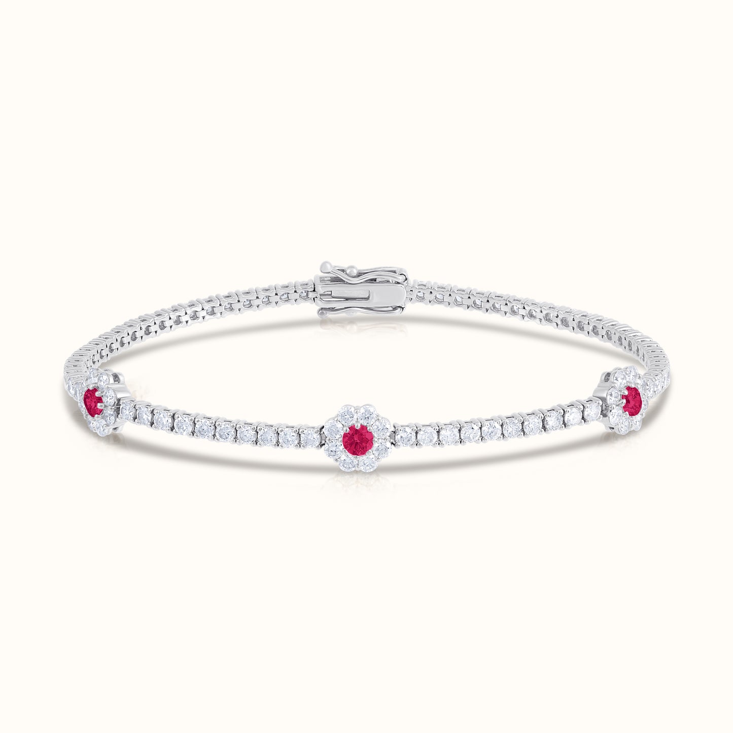 Natural Diamond Tennis Bracelet with Ruby Centered Flower Clusters - AVIR New York