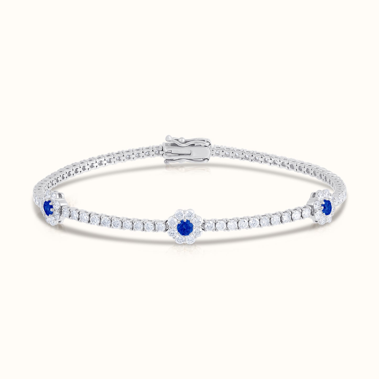 Natural Diamond Tennis Bracelet with Sapphire Centered Flower Clusters - AVIR New York