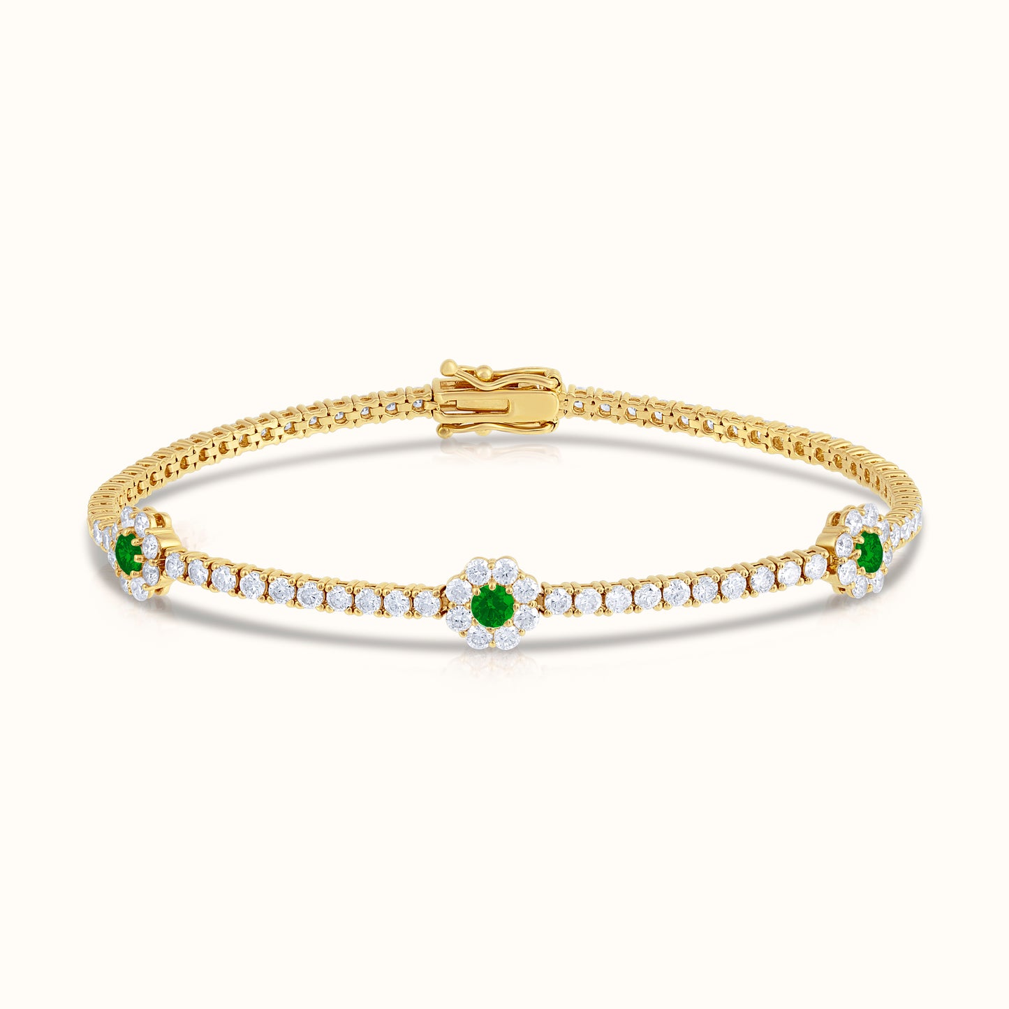 Natural Diamond Tennis Bracelet with Emerald Centered Flower Clusters - AVIR New York