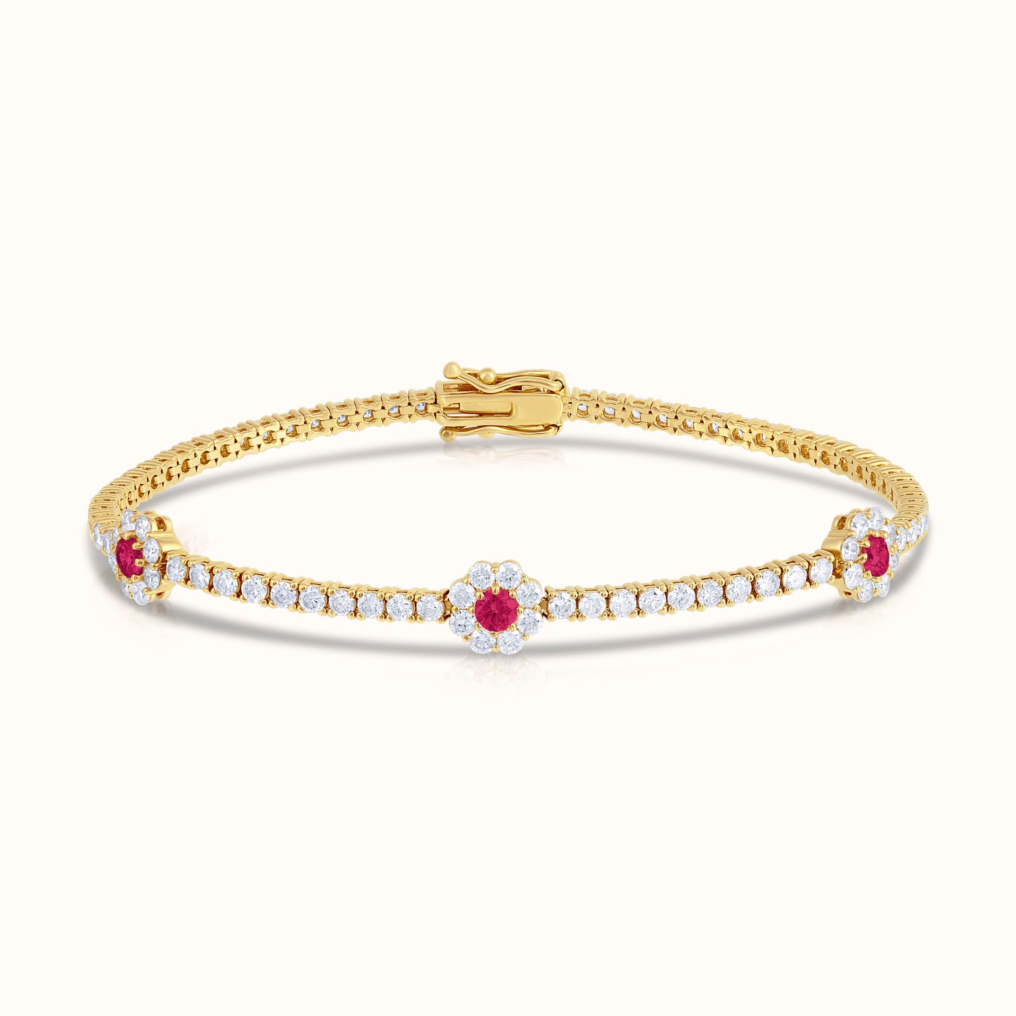 Natural Diamond Tennis Bracelet with Ruby Centered Flower Clusters - AVIR New York