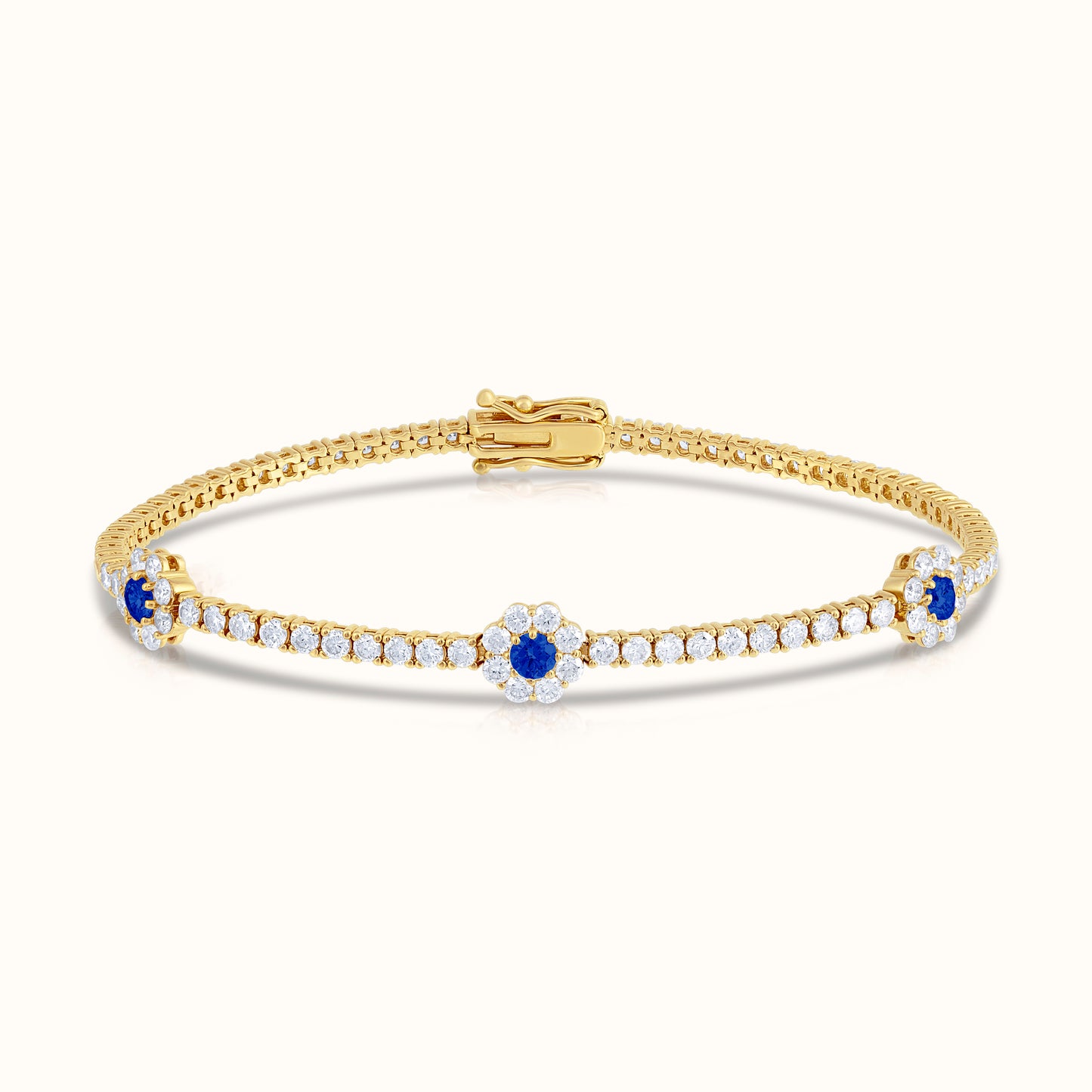 Natural Diamond Tennis Bracelet with Sapphire Centered Flower Clusters - AVIR New York