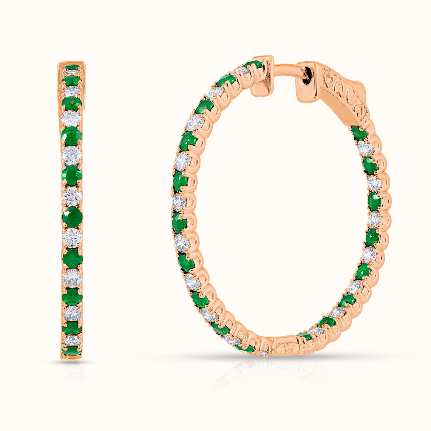 3.25 carat Alternating Green Emerald and Natural Diamond Hoop Earrings - AVIR New York
