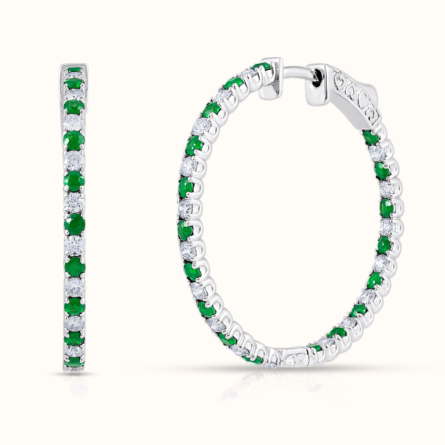 3.25 carat Alternating Green Emerald and Natural Diamond Hoop Earrings - AVIR New York