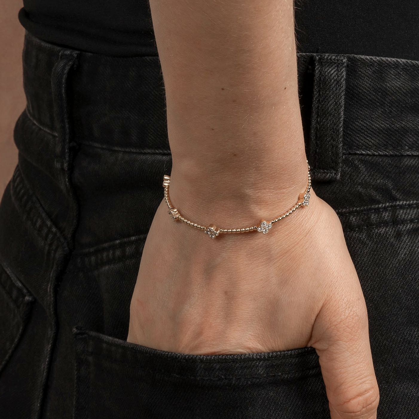 Flexible Beaded Lab Grown Diamond Flower Bangle and Flower Cluster Ring Set - AVIR New York