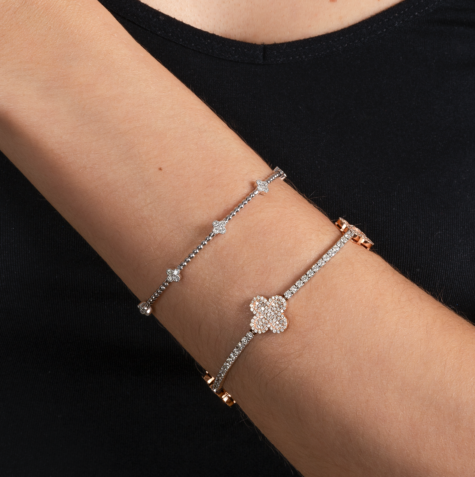 Natural Diamond Flexible Beaded Flower Cluster Bangle - AVIR New York