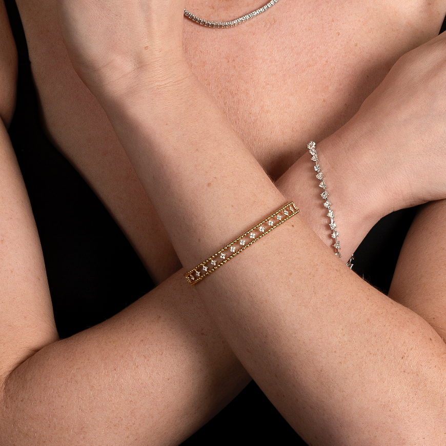 Two Row Beaded Flexible Bangle with Natural Diamond Petite Flower Clusters - AVIR New York