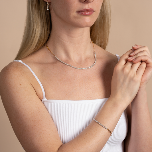 Half Paperclip and Lab Grown Diamond Bracelet, 17 Inch Necklace, and Link Earrings Set - AVIR New York