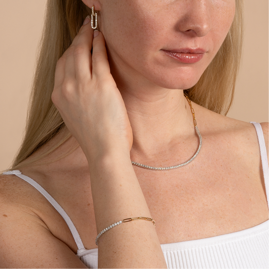 Half Paperclip and Lab Grown Diamond Bracelet, 17 Inch Necklace, and Link Earrings Set - AVIR New York