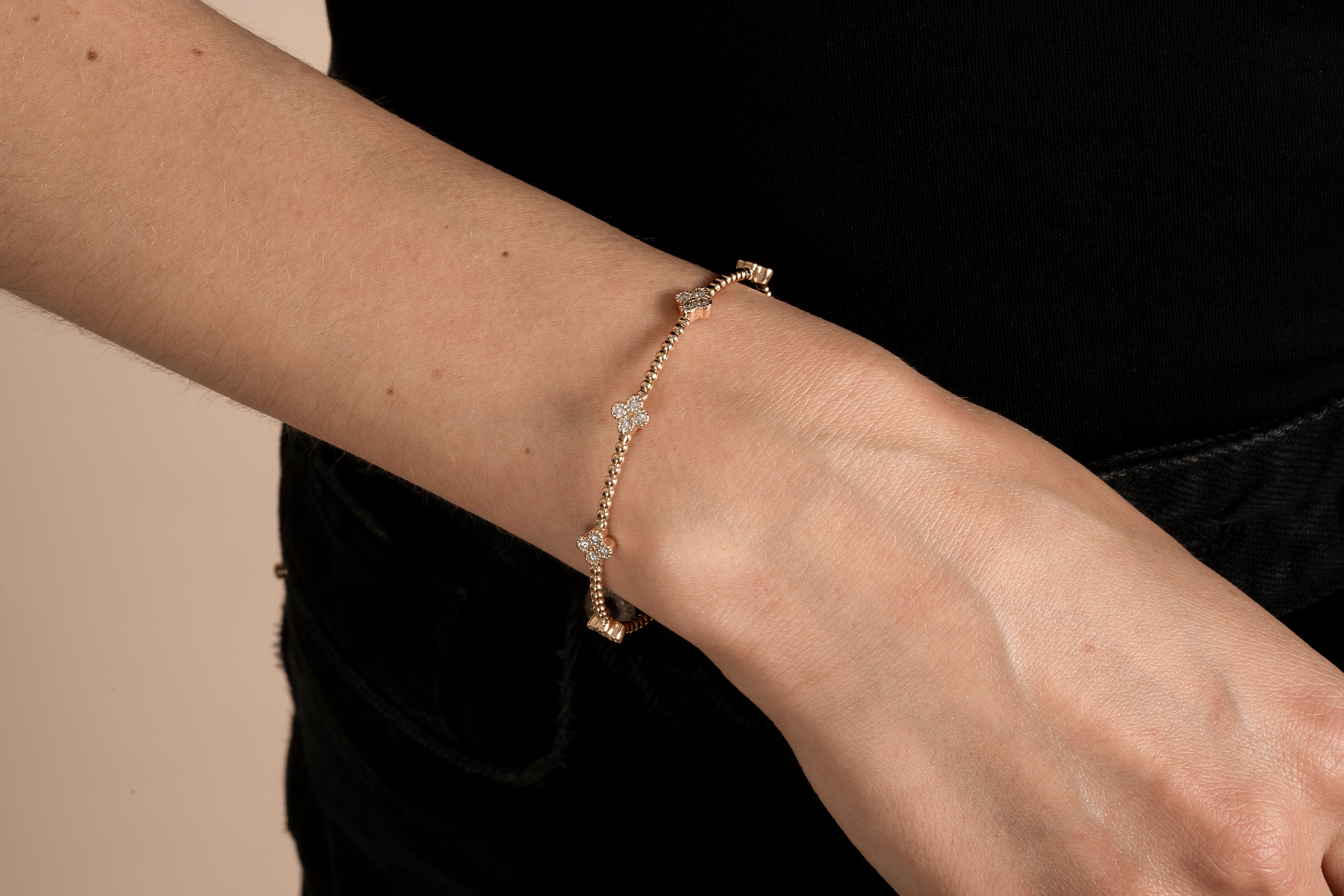Natural Diamond Flexible Beaded Flower Clover Bangle – AVIR New York
