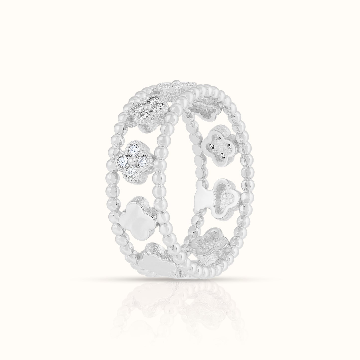 Beaded Lab Grown Diamond Flower Clover Ring