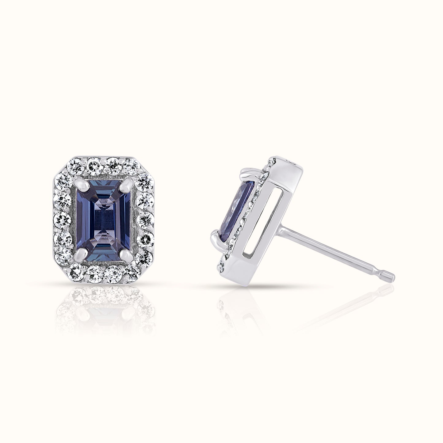 Emerald Blue Sapphire with Lab Grown Diamond Halo Stud Earring
