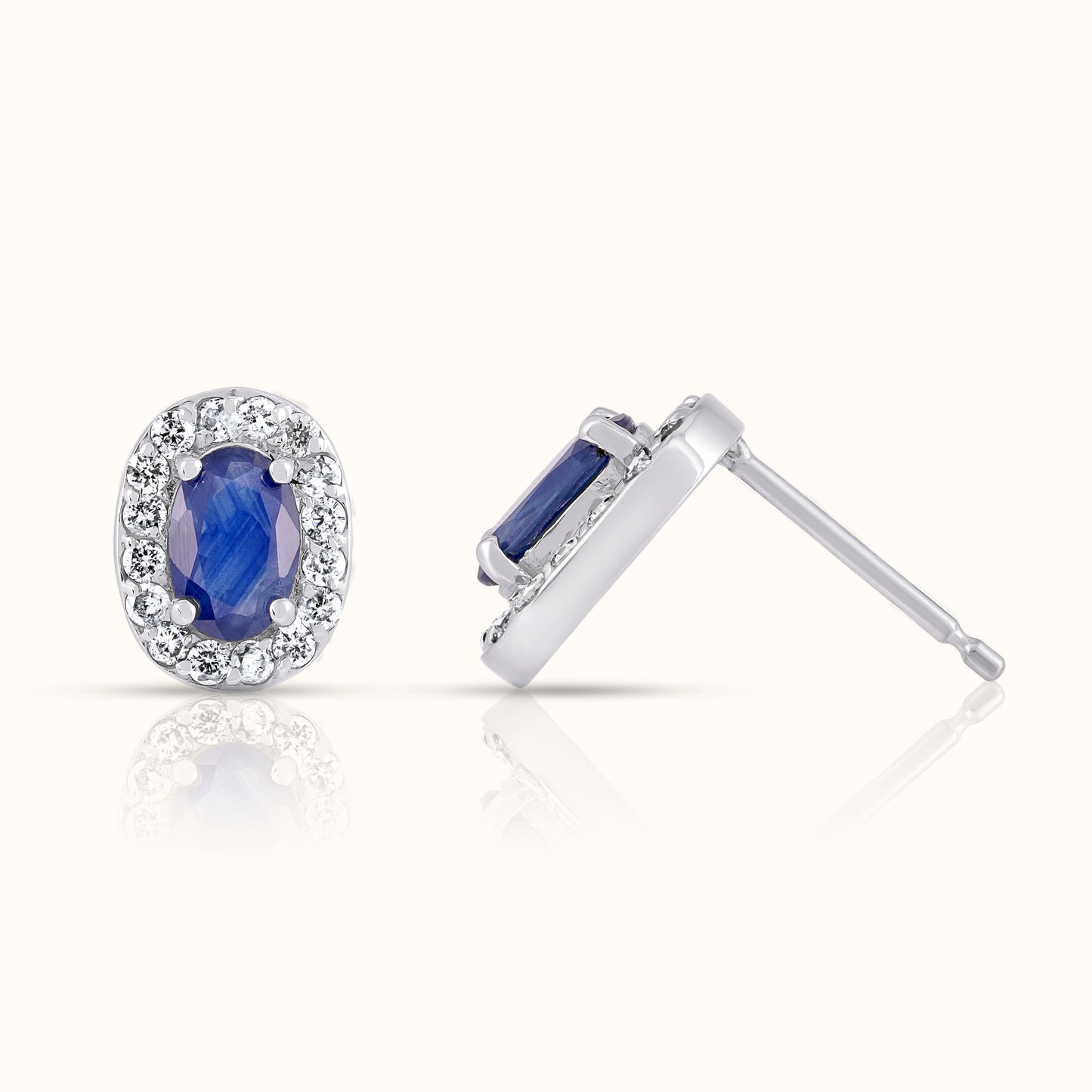 Oval Blue Sapphire with Lab Grown Diamond Halo Stud Earring