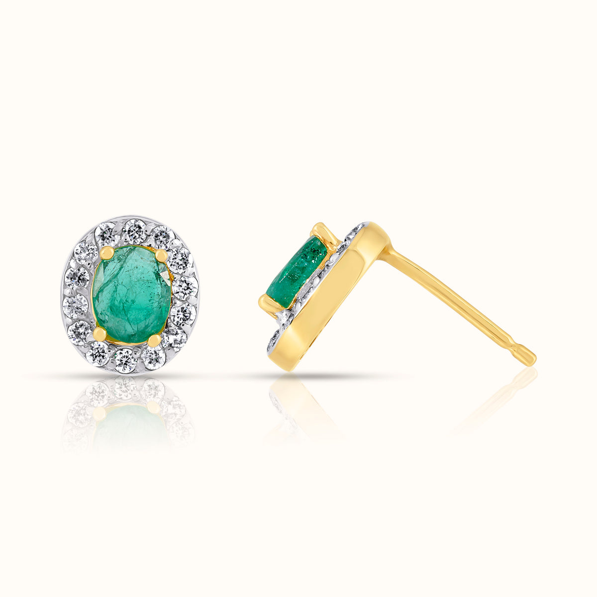 Oval Green Emerald with Lab Grown Diamond Halo Stud Earring - AVIR New York