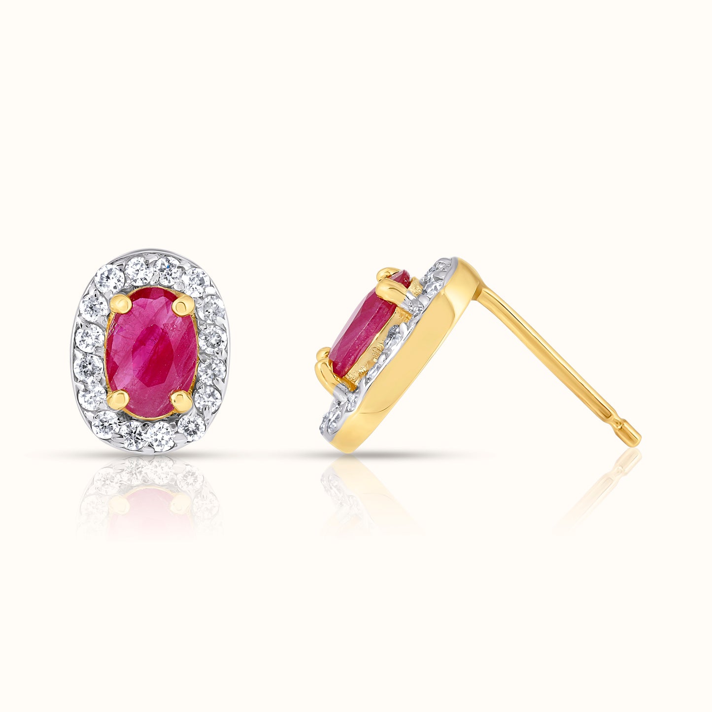 Oval Ruby with Lab Grown Diamond Halo Stud Earring