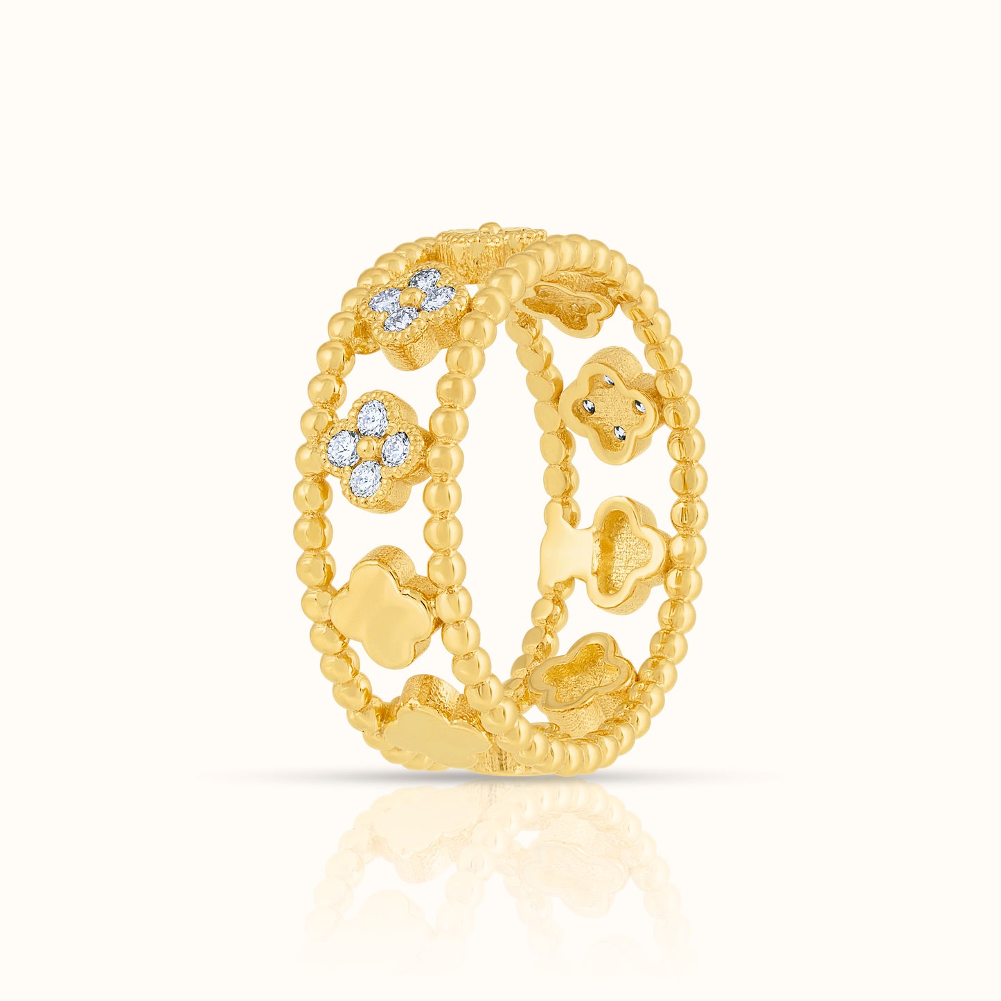 Beaded Lab Grown Diamond Flower Clover Ring