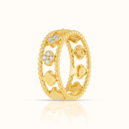 Beaded Lab Grown Diamond Flower Clover Ring