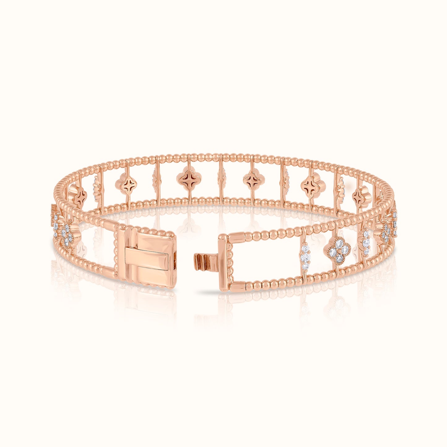 2 Row Beaded Bangle with Lab Grown Dimond Flower Clovers and Diamond Line