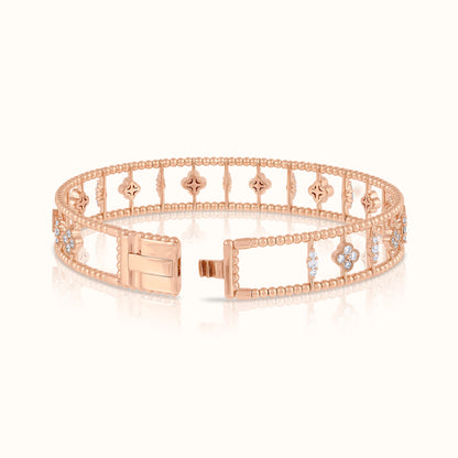 2 Row Beaded Bangle with Lab Grown Dimond Flower Clovers and Diamond Line