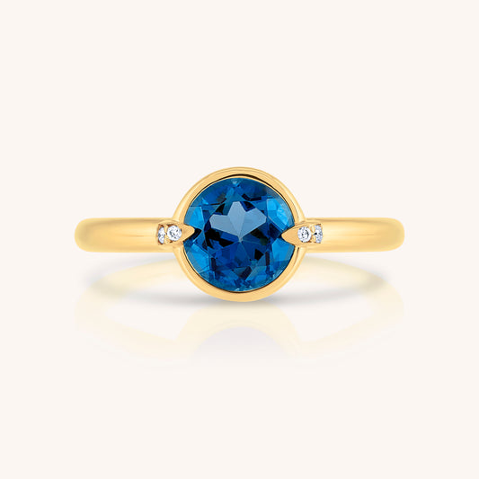 Natural Blue Topaz and Claw Lab Grown Diamond Ring