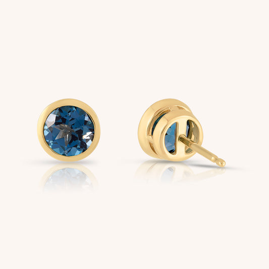 Natural Blue Topaz Round Bezel Set Earrings