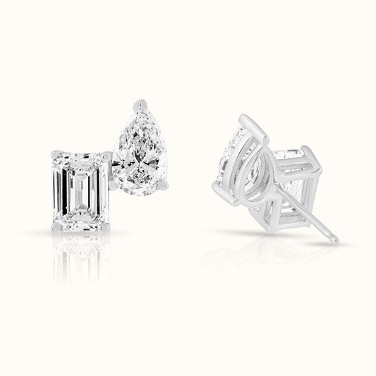Toi Et Moi Lab Grown Emerald and Pear Diamond Stud Earring