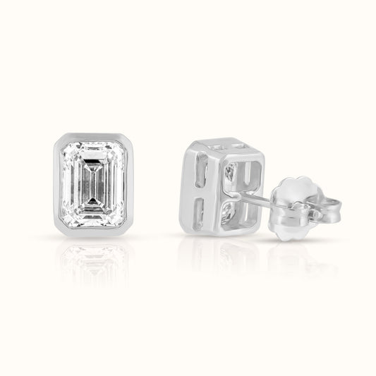 IGI Certified Emerald Cut Bezel Set Lab Grown Diamond Stud Earrings