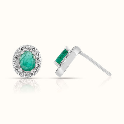 Oval Green Emerald with Lab Grown Diamond Halo Stud Earring