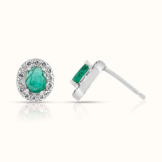 Oval Green Emerald with Lab Grown Diamond Halo Stud Earring