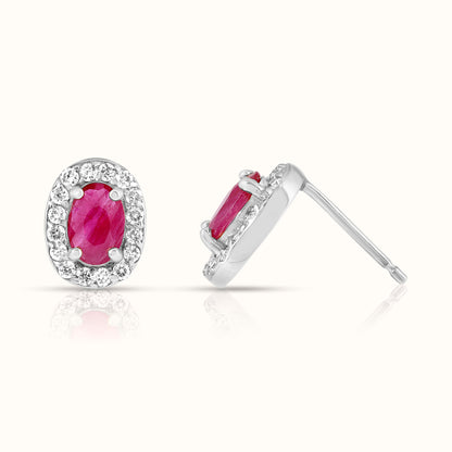 Oval Ruby with Lab Grown Diamond Halo Stud Earring