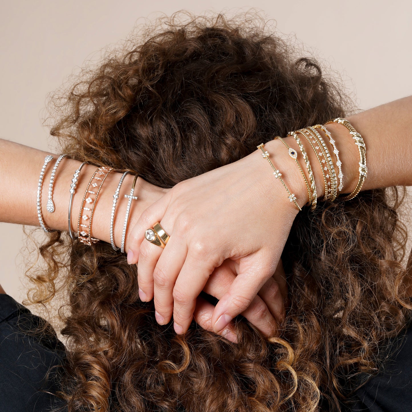 2 Row Beaded Bangle with Lab Grown Dimond Flower Clovers and Diamond Line