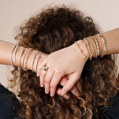2 Row Beaded Bangle with Lab Grown Dimond Flower Clovers and Diamond Line