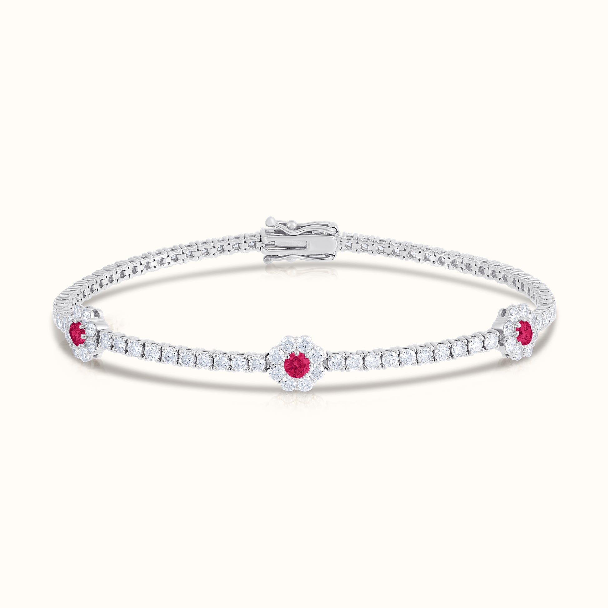 Natural Diamond Tennis Bracelet with Ruby Centered Flower Clusters - AVIR New York