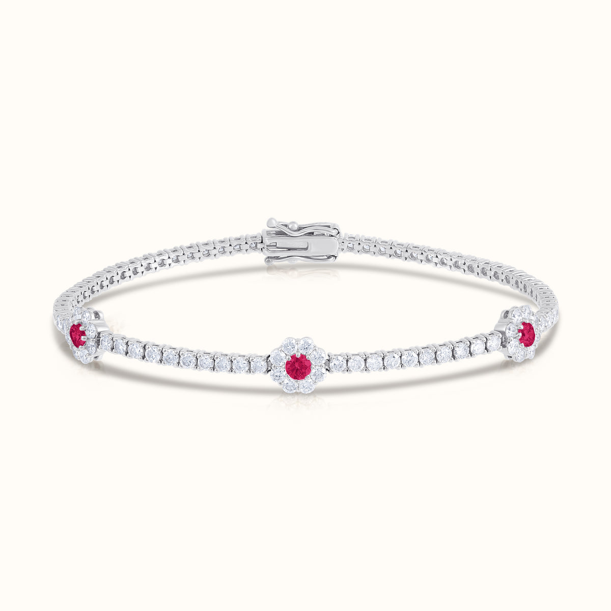Natural Diamond Tennis Bracelet with Ruby Centered Flower Clusters - AVIR New York