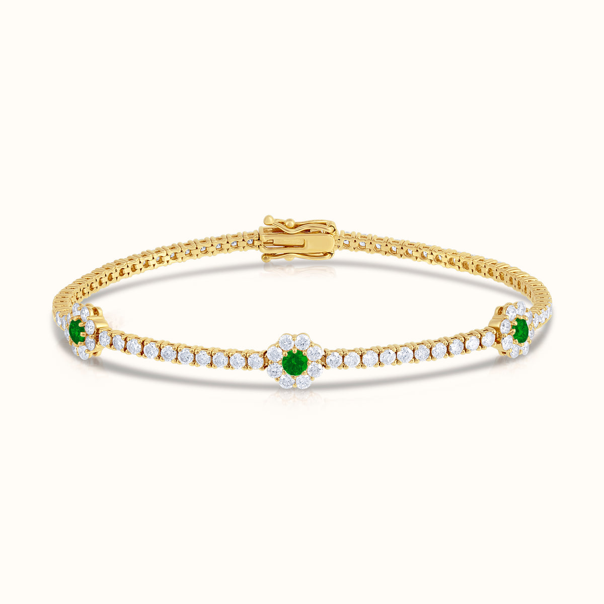 Natural Diamond Tennis Bracelet with Emerald Centered Flower Clusters - AVIR New York
