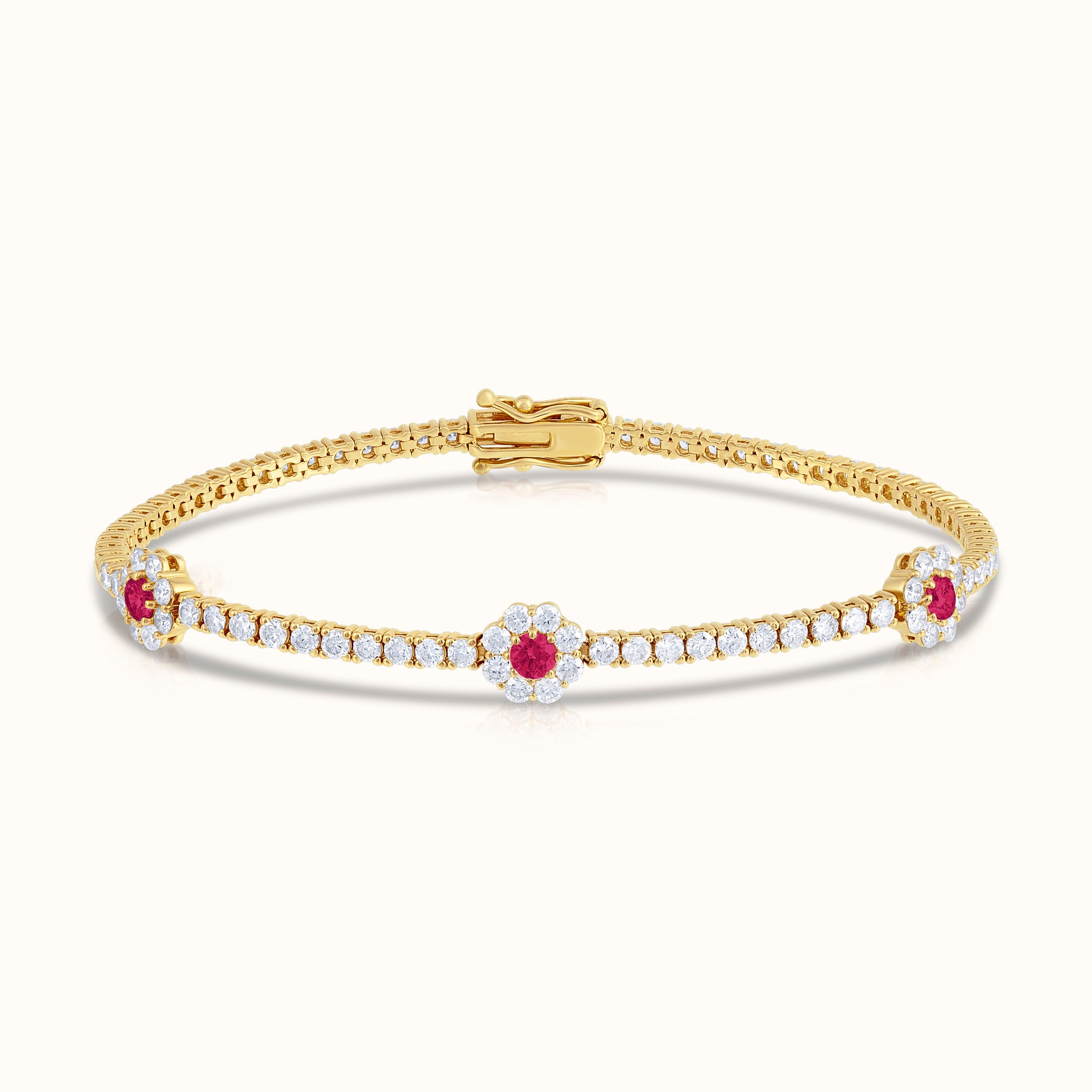 Natural Diamond Tennis Bracelet with Ruby Centered Flower Clusters - AVIR New York