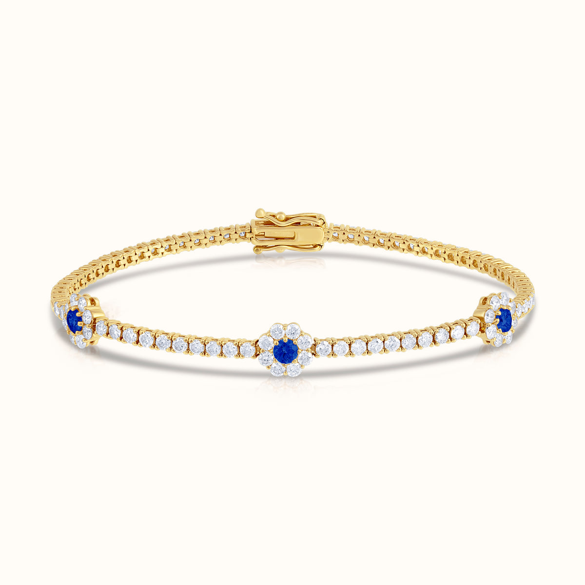 Natural Diamond Tennis Bracelet with Sapphire Centered Flower Clusters - AVIR New York