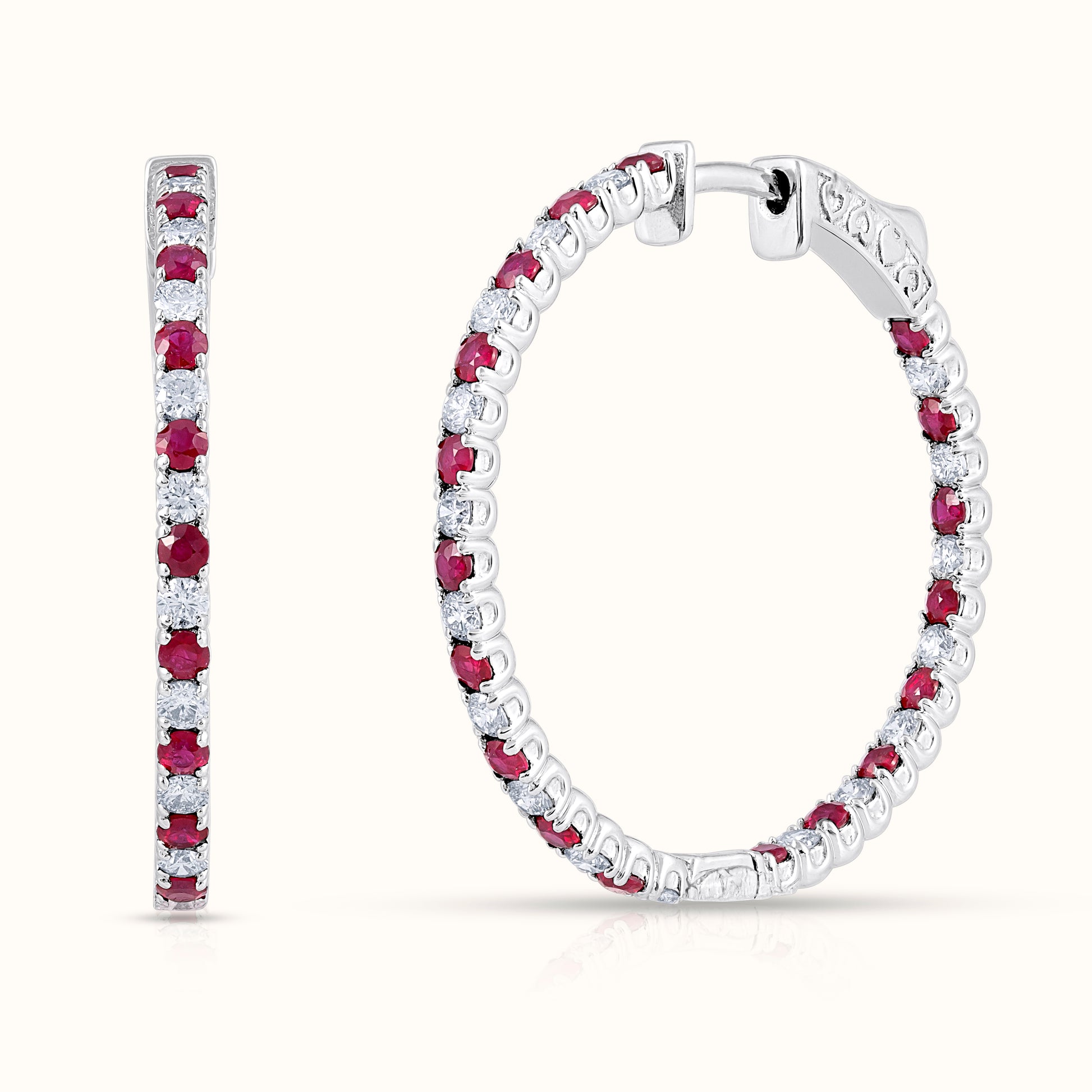 3.25 carat Alternating Ruby and Natural Diamond Hoop Earrings - AVIR New York