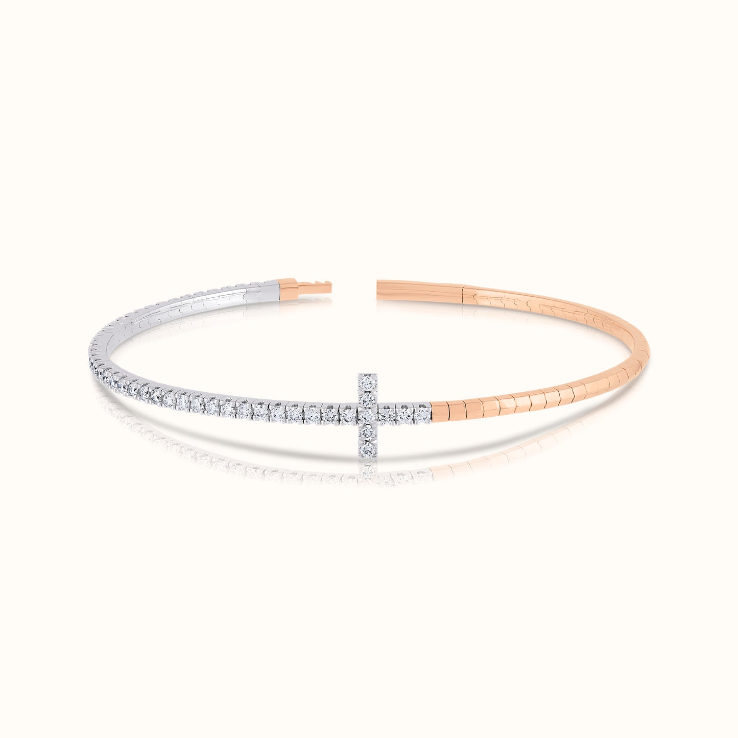 Two Tone Half Lab Grown Diamond Cross Flexible Bangle