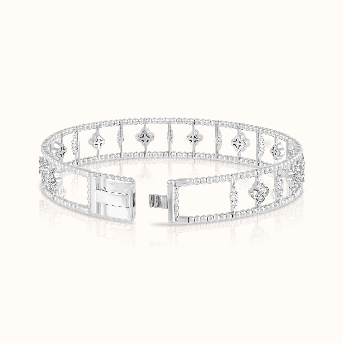 2 Row Beaded Bangle with Lab Grown Dimond Flower Clovers and Diamond Line