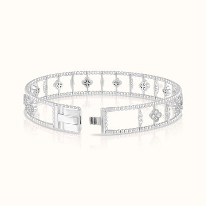 2 Row Beaded Bangle with Lab Grown Dimond Flower Clovers and Diamond Line